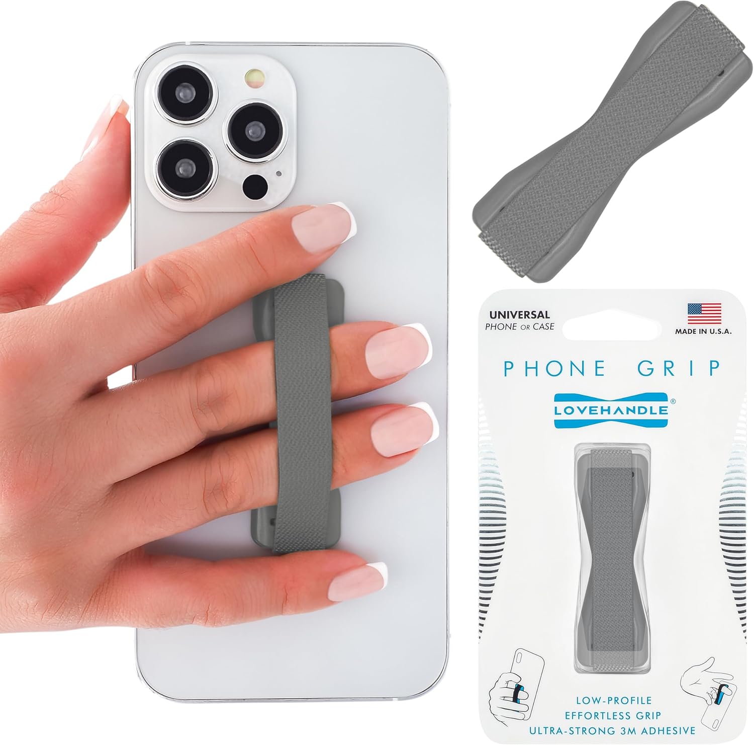 LOVEHANDLE Universal Phone Grip for Smartphones & Mini Tablets - Phone Holder for Hand - Wireless Charging Compatible - Made in The USA - Solid Silver