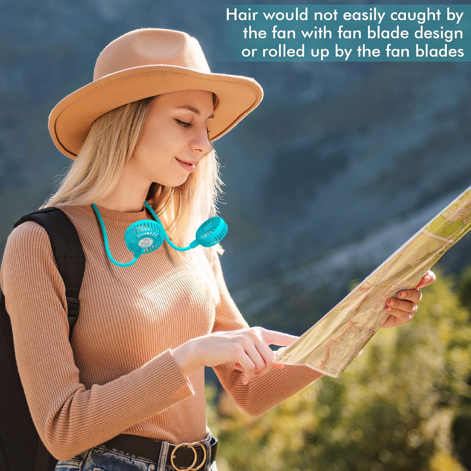 Portable Neck Fan, 2600mAh Battery Operated, Ultra Quiet Hands Free USB Fan with 3 Speeds, Strong Wind, 360° Adjustable High Flexibility Wearable Personal Fan for Sport Office Outdoor Travel (Cyan)