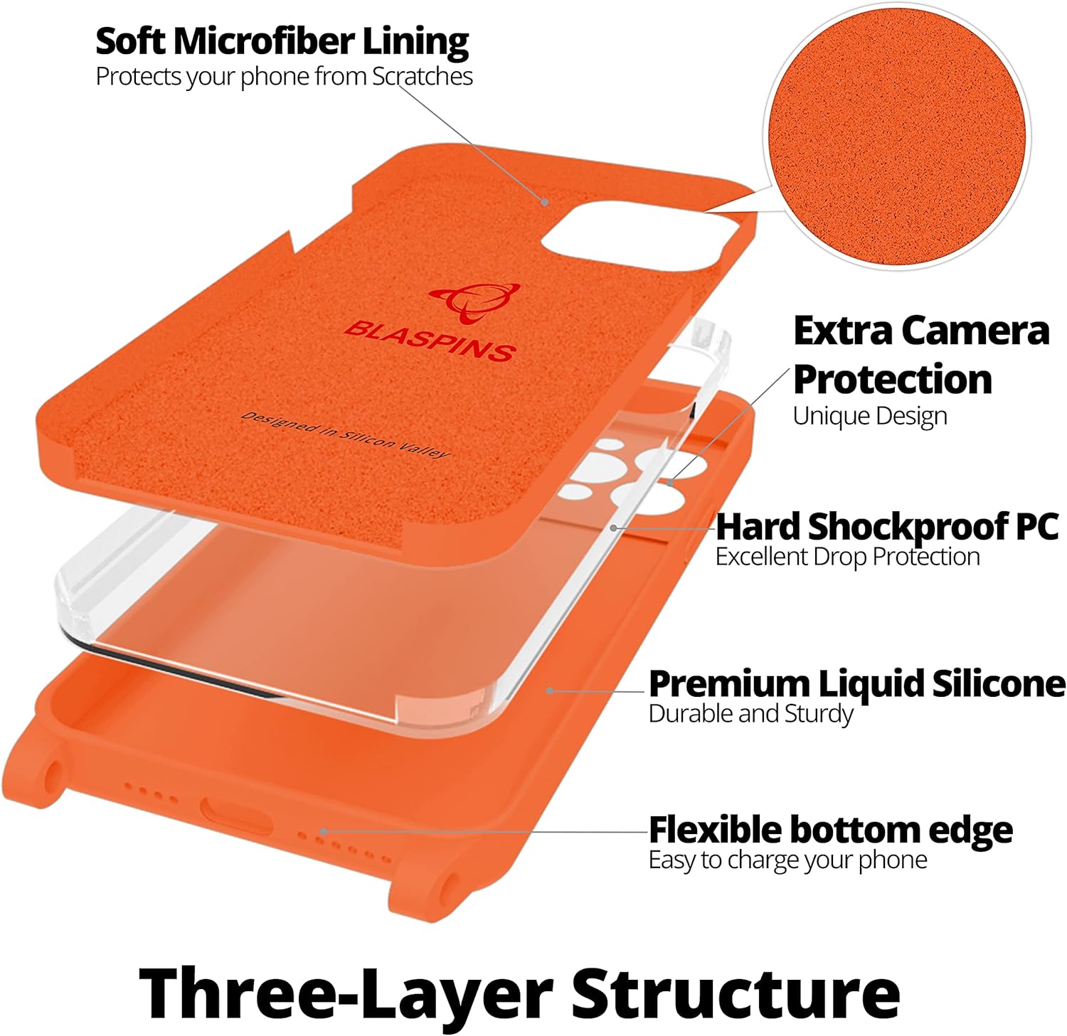 Blaspins Crossbody Lanyard Strap Case for iPhone 13 Pro, Neck Cross Body, Adjustable Holder Removable, Drop Protection Shockproof, Hands-Free Silicone Case 6.1 inch, 150 cm Strap, iP13Pro - Orange