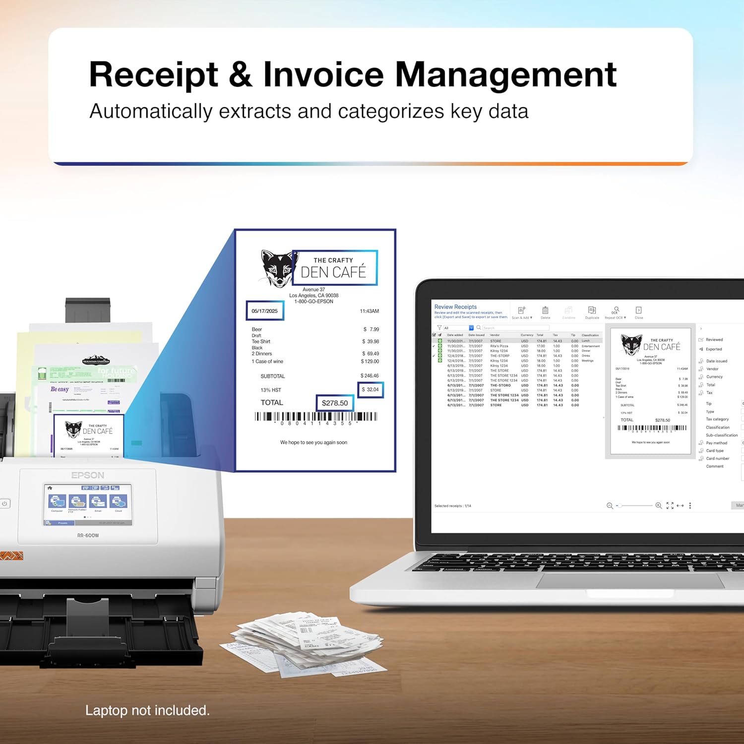 Epson RapidReceipt RR-600W Wireless Desktop Color 2-Sided Receipt & Document Scanner with ScanSmart AI PRO Receipt Management & PDF Software for PC & Mac, Touchscreen & 100-Page Auto Document Feeder