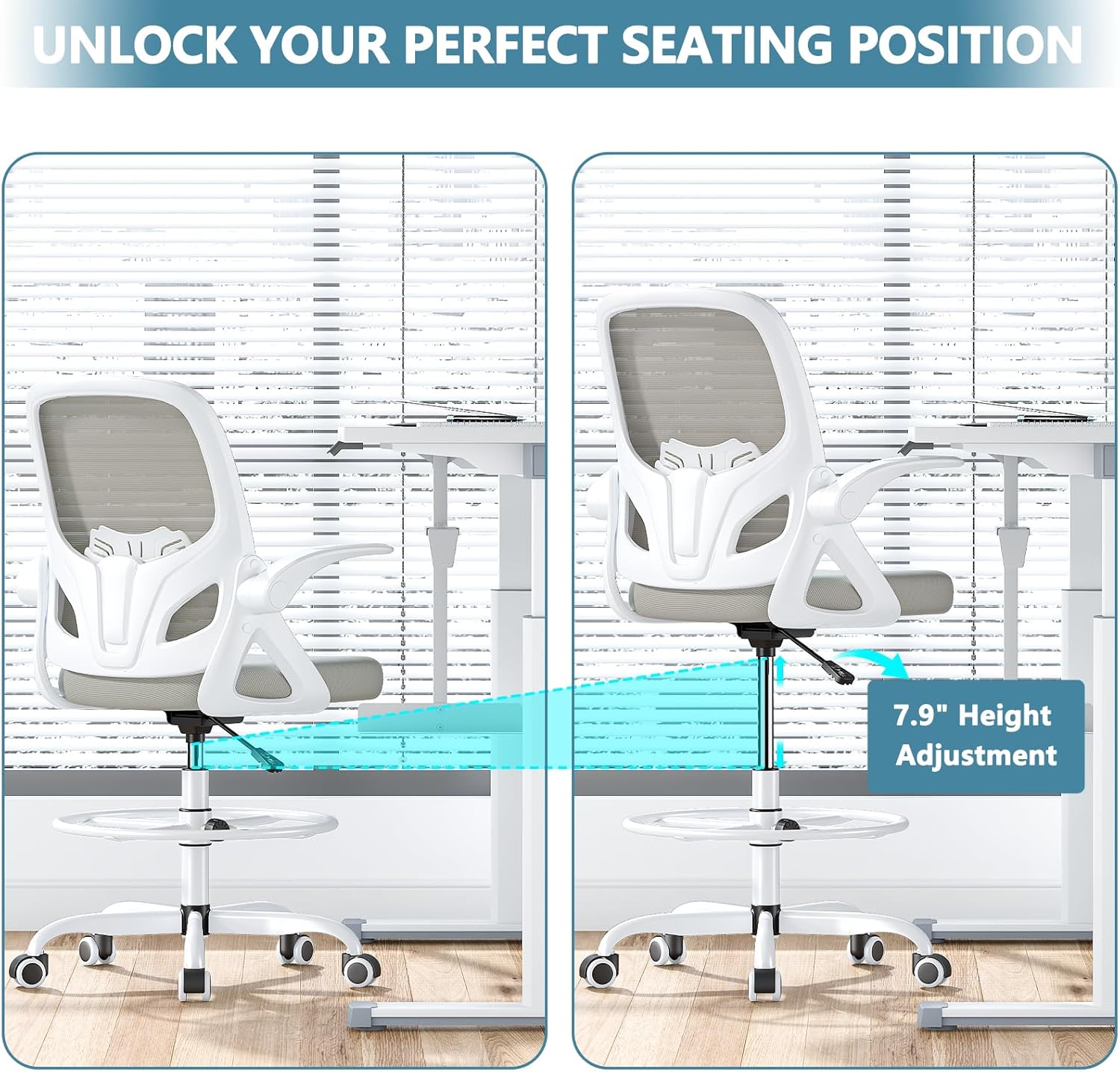 Tall Drafting Chair with Footrest Ring for Home and Work, Ergonomic Home Desk Office Chair with Flip up Arms and Lumbar Support, Extended Height Executive Desk Office Chair(Gray)