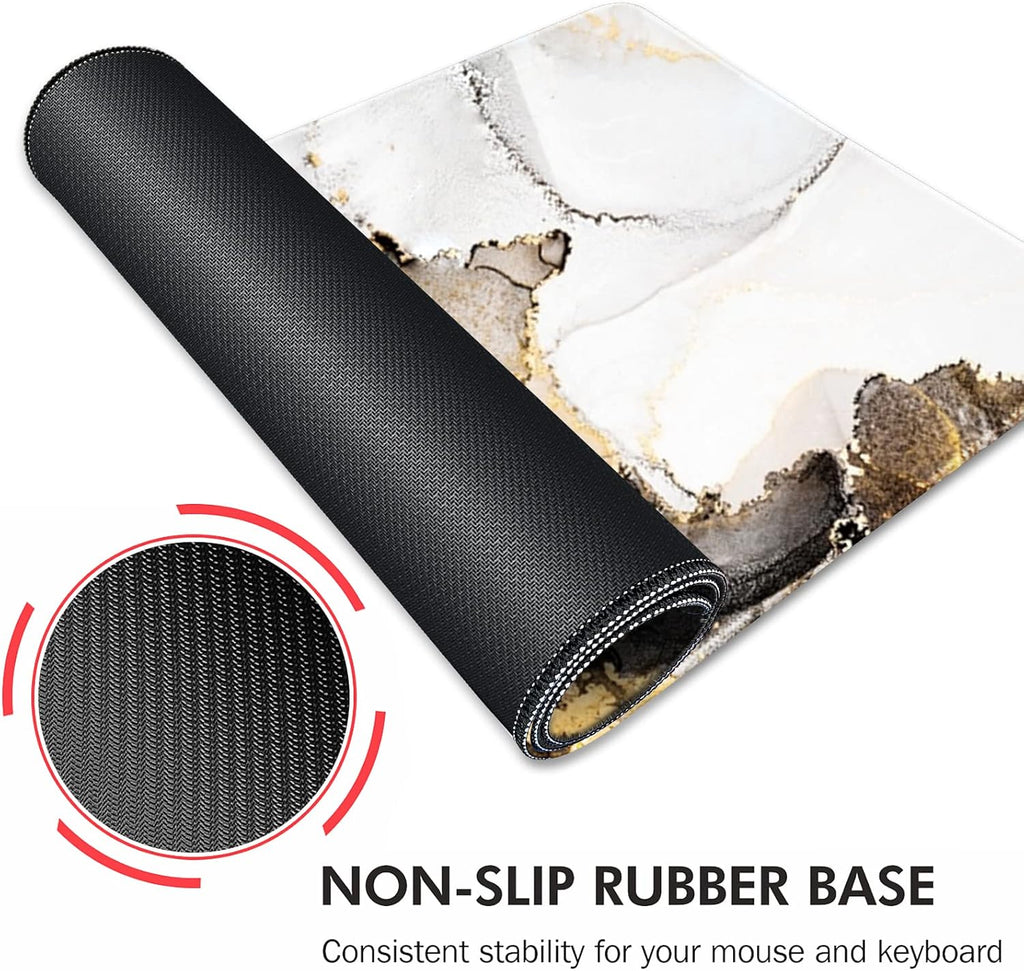 Galdas Large Mouse Pad XXL XL Large Mouse Pad Long Extended Mousepad Desk Pad Non-Slip Rubber Mice Pads Stitched Edges Thin Pad (31.5x11.8x0.12 Inch)-Ink White Gold Marble