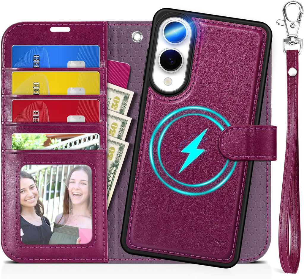 TUCCH Case for Galaxy S25 Edge, [Detachable] 2 in 1 Magnetic PU Leather Wallet Wrist Strap RFID Blocking Wireless Charging 4 Card Holder Kickstand Removable Flip Cover for Galaxy S25 Edge, Plum Purple