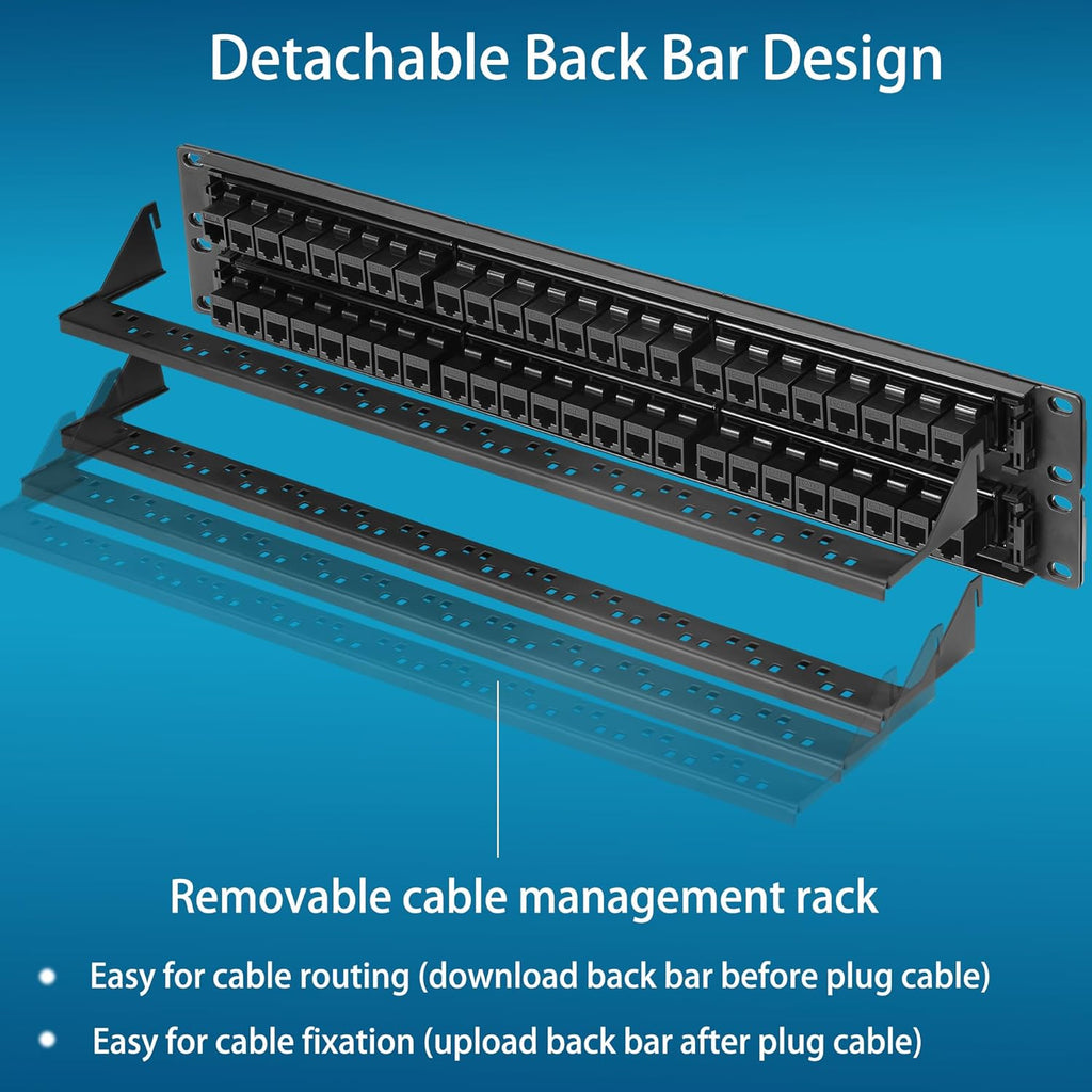 Rapink Patch Panel 48 Port Cat6A with Inline Keystone 10G Support, Pass-Thru Coupler UTP 19-Inch with Removable Back Bar, 1U Network Patch Panel for Cat6A,Cat6, Cat5e, Cat5 Cabling