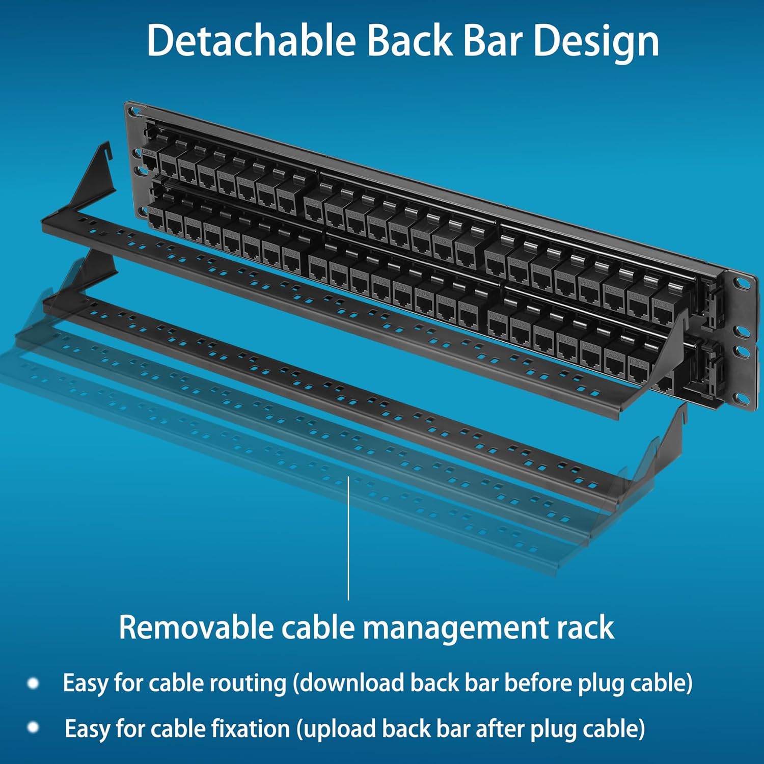 Rapink Patch Panel 48 Port Cat6A with Inline Keystone 10G Support, Pass-Thru Coupler UTP 19-Inch with Removable Back Bar, 1U Network Patch Panel for Cat6A,Cat6, Cat5e, Cat5 Cabling