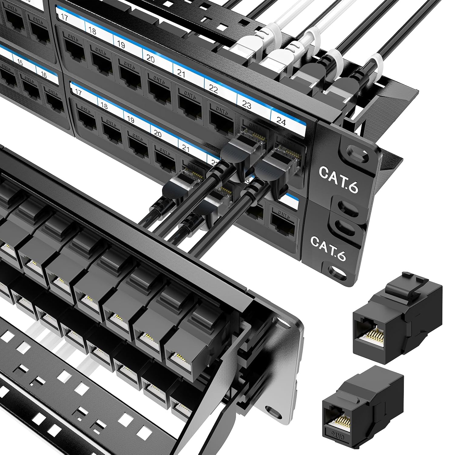 Jadaol 48 Port Patch Panel Rackmount or Wall Mount 19-Inch, 2U Cat6 Network Panel Preloaded with 48 Keystone Couplers plus 2 Spare, 10Gbps Ethernet Patch Panel with Cable Management & Back Support Bar