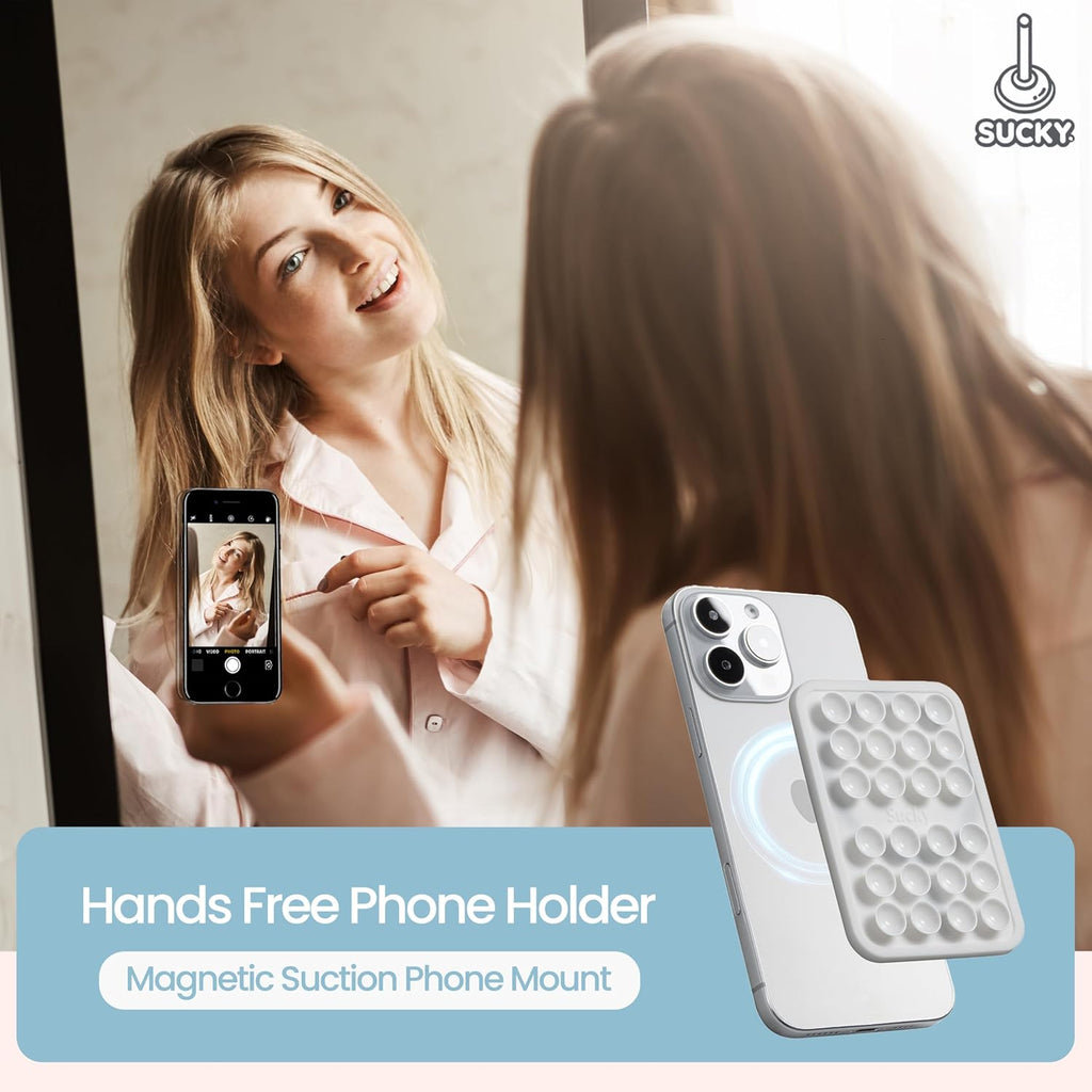 SUCKY Silicone Suction Phone Case Adhesive Mount - Anti-Slip Holder, Hands-Free Fidget Toy, Phone Accessory for iPhone and Android (Crystal White, Magnetic)