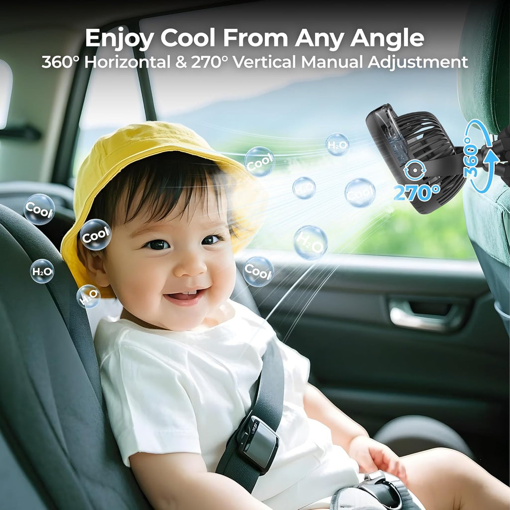 Misting Baby Stroller Fan, 4000mAh Rechargeable Battery Operated, 270°Pivoting, 15H Cooling,50ml Portable Water Sprayer Misting Fan with Flexible Tripod Clip on Car Seat Crib Treadmill Bunk Bed