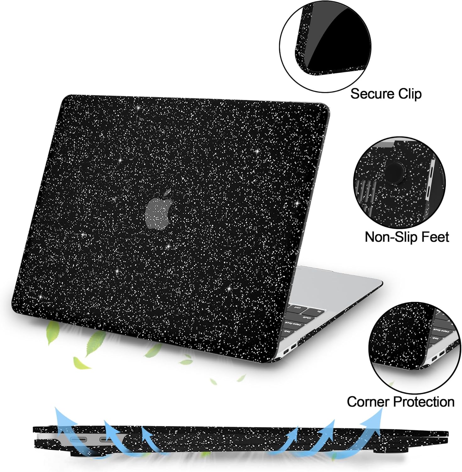 Compatible with MacBook Air 13 inch Case 2021 2020 2019 2018 A2337 M1 A2179 A1932 Touch ID, Glitter Smooth Leather Hard Shell + Keyboard Cover for MacBook Air 13.3 inch Case, Shining Black