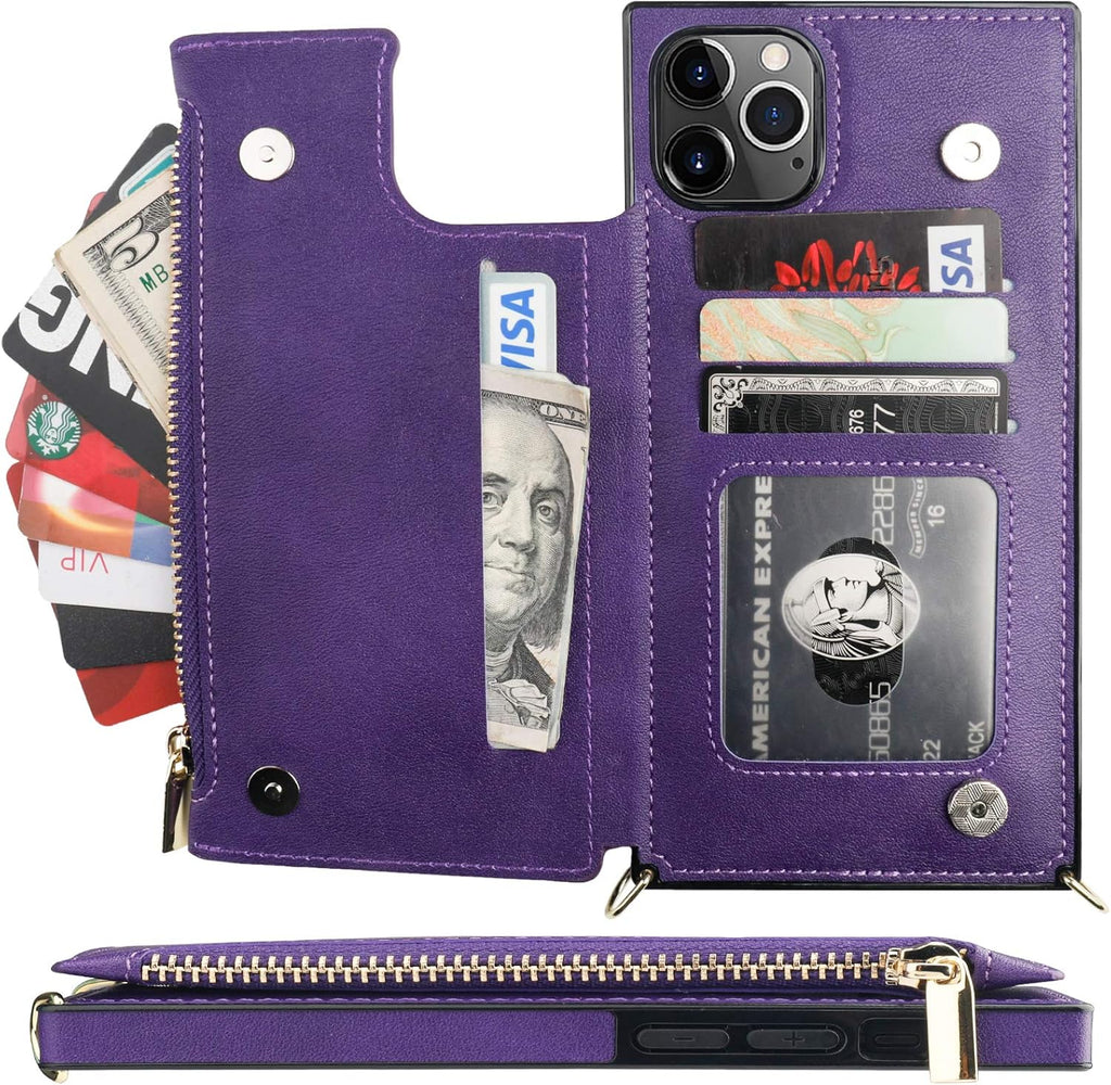Bocasal Crossbody Wallet Case for iPhone 11 Pro Max with Card Holder,Zipper Card Slot Protector Shockproof Purse Cover with Removable Cross Body Strap 6.5 Inch(Purple)