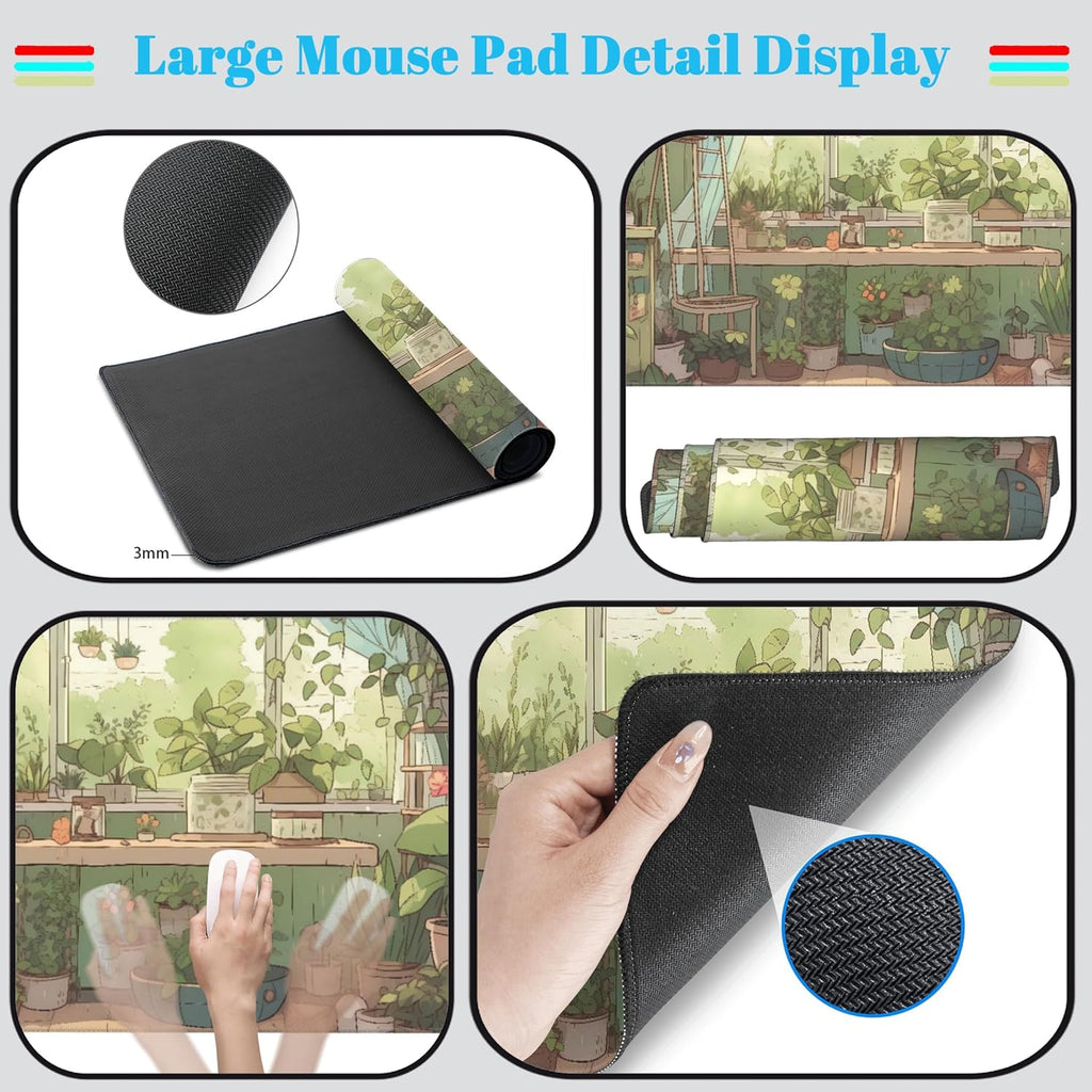 Cute Desk Mat Green Plants Gaming Mouse Pad XXL Large Extended Sage Laptop Keyboard and Mouse Mat with Stitched Edges, Computer Desktop Mat Playmat for Women Office Desk Decor Pad Mat 31.5x15.7 in