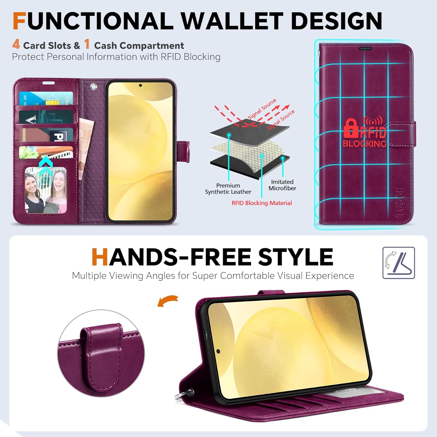 TUCCH Case Wallet for Galaxy S25 Plus, [Detachable] 2 in 1 Magnetic PU Leather Wrist Strap RFID Blocking [Wireless Charging] 4 Card Slot Kickstand Removable Flip Cover for Galaxy S25 Plus, Plum Purple