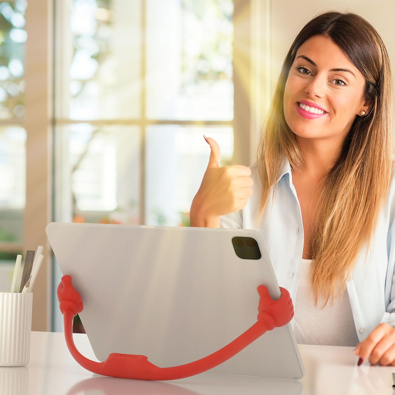 Honsky Thumbs Up Tablet Stand - Portable Monitor Stand Holder for Desktop, Universal Cute, Red