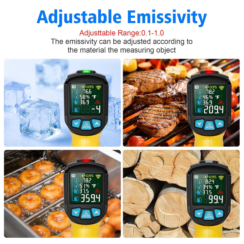 MESTEK Infrared Thermometer Temperature Gun, Non-Contact Digital Laser Thermometer with Probe for Cooking, Home and Industry Repair, Humidity Measurement, Adjustable Emissivity -58°F to 1472°F