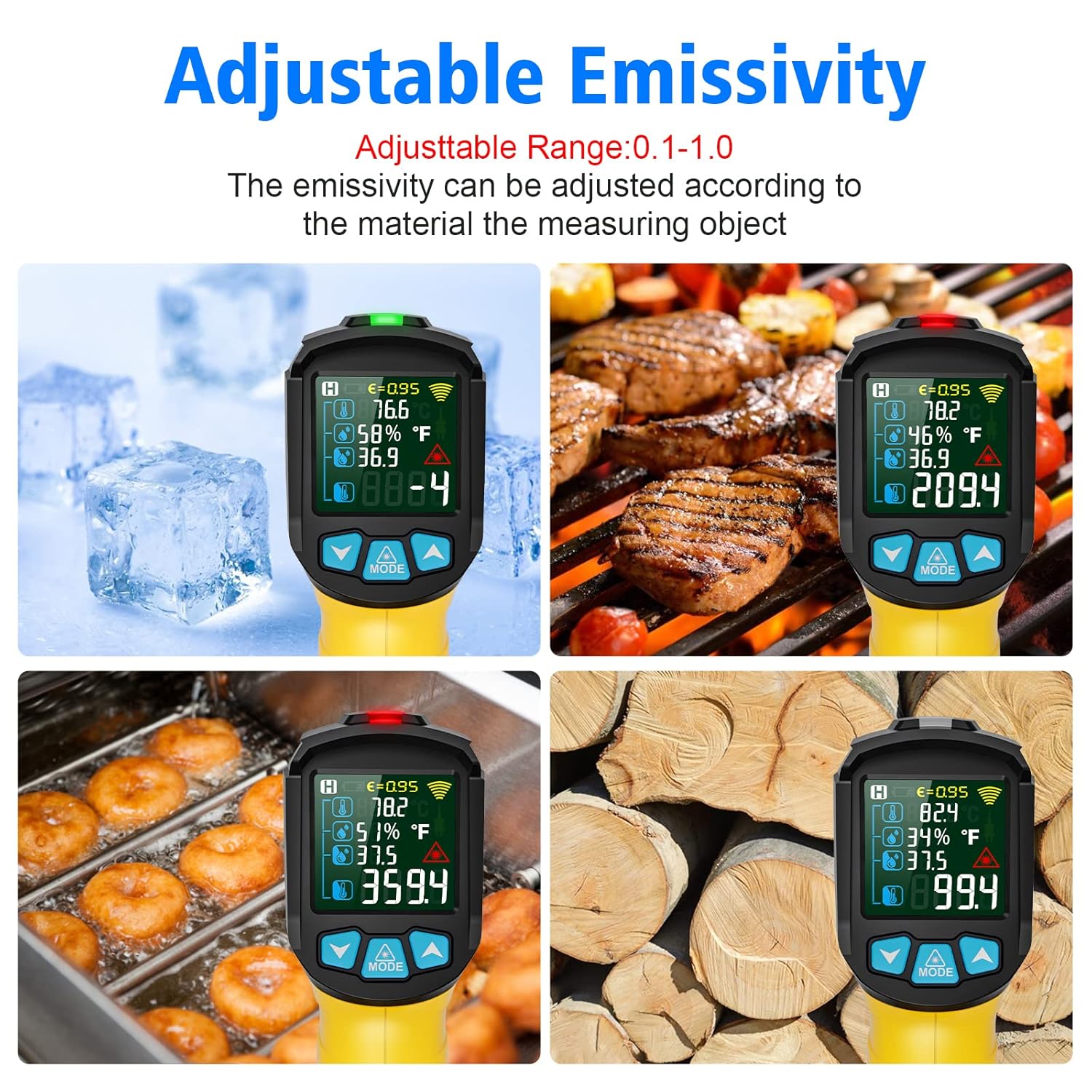MESTEK Infrared Thermometer Temperature Gun, Non-Contact Digital Laser Thermometer with Probe for Cooking, Home and Industry Repair, Humidity Measurement, Adjustable Emissivity -58°F to 1472°F