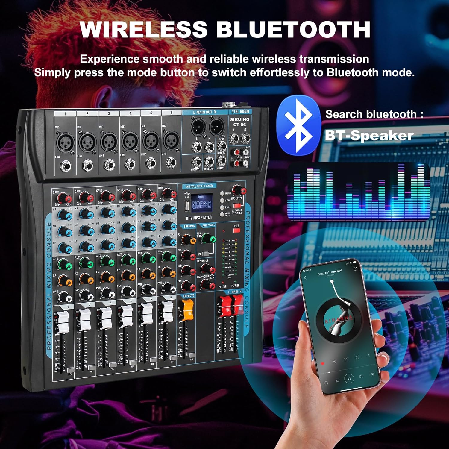 Audio Mixer,6 Channel Board Mixer for Streaming, Professional Sounds Board Mixer with 16 DSP Effect, USB Audio Interface and 48V Phantom Power, Stereo DJ Mixers for PC Recording/DJ stage