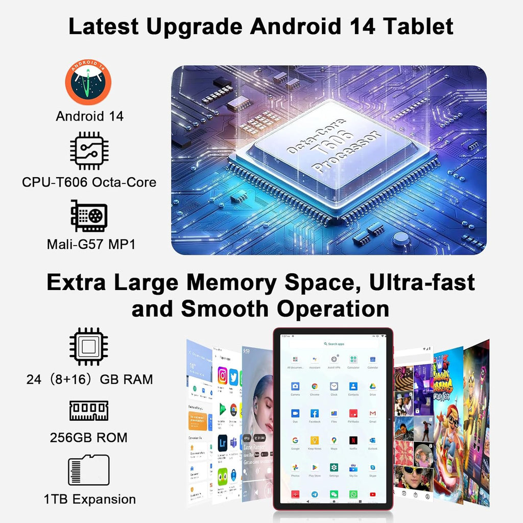 Android 14 Tablet 11 Inch Tablets, 24GB RAM 256GB ROM(1TB Expand), Octa-Core Tablets with 8000 mAh Battery, 5G WiFi, Bluetooth 5.0, Android Tablet 5MP+13MP Dual Camera, IPS Touch Screen, GPS Tab-Red