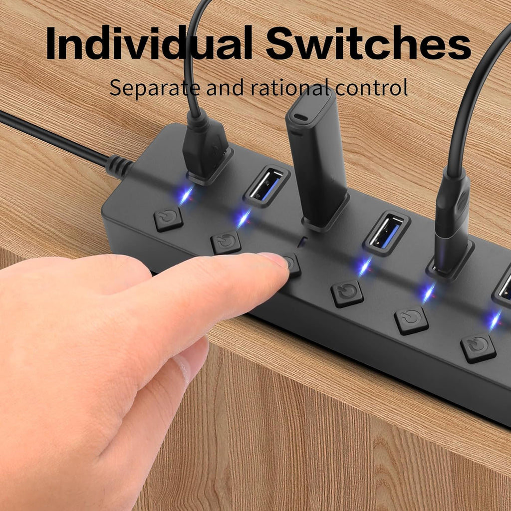 90 Degree USB Hub Splitter YACSEJAO USB 2.0 Data Hub with Individual LED Button On/Off Switch DC5.5 * 2.1 Power Port for Laptop,PC Computer (7 Ports, 1M)