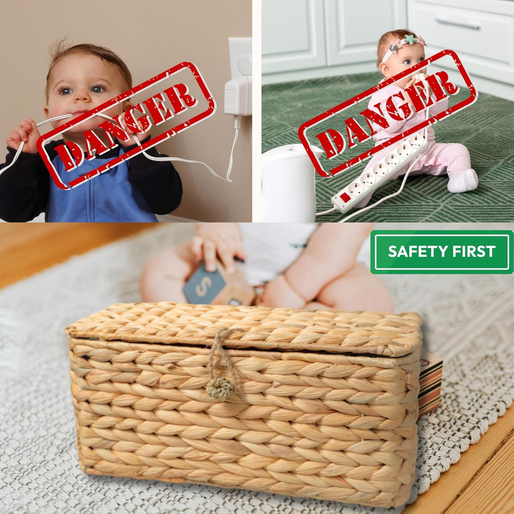 Wicker Cable Management Box with Lid, A Handwoven Water Hyacinth Cords Hider Box for TV, Computer, Router, USB Hub to Hide Cords & Power Strip for Desk, Floor, Office, 16x6.9x6.9”