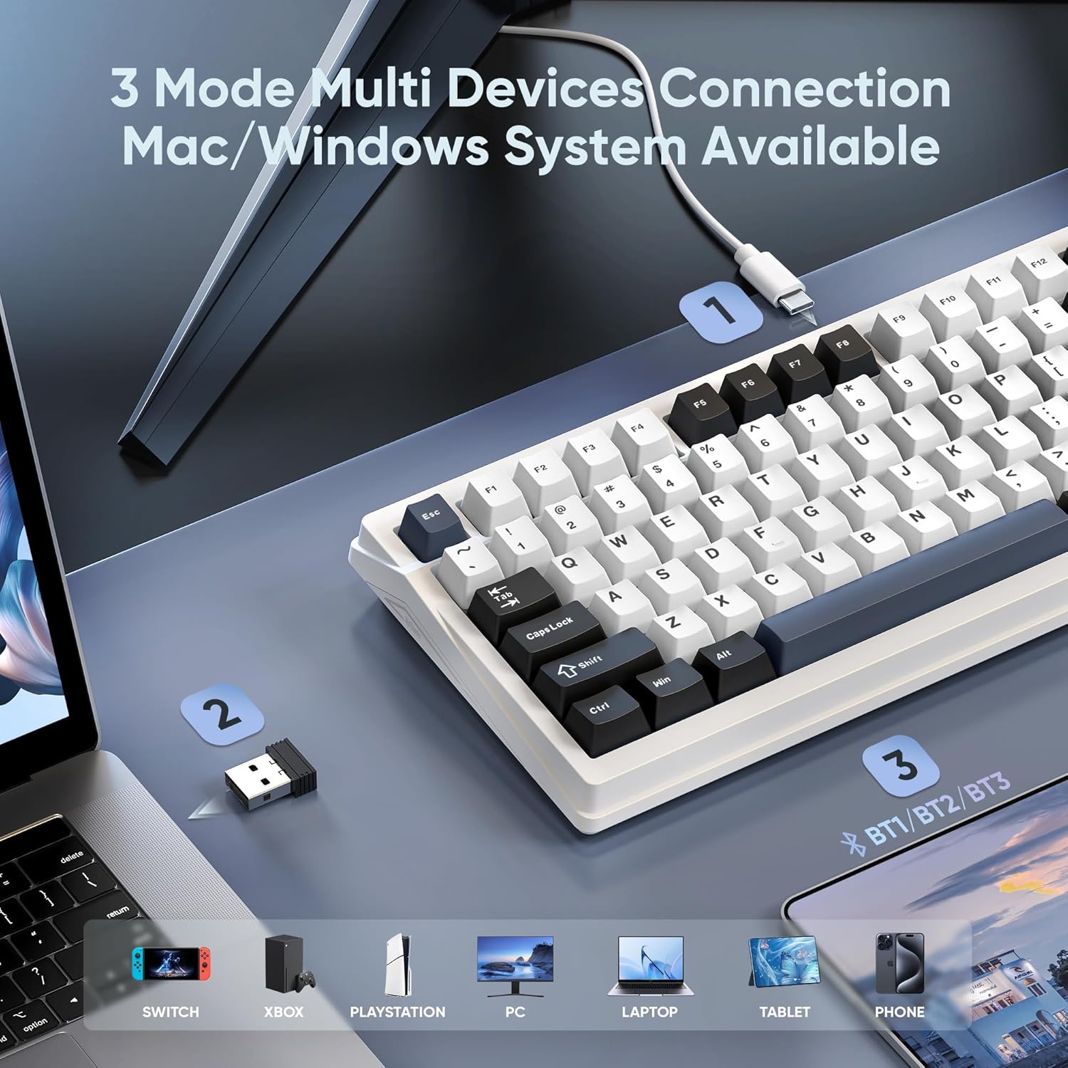 RedThunder K95 Wireless Mechanical Keyboard, TFT Screen & Knob, Tri-Mode BT5.0/2.4GHz/USB-C Hot Swappable Custom, Pre-lubed Linear Switches, Gasket Structure, RGB Gaming Keyboard, Snowy White-Blue