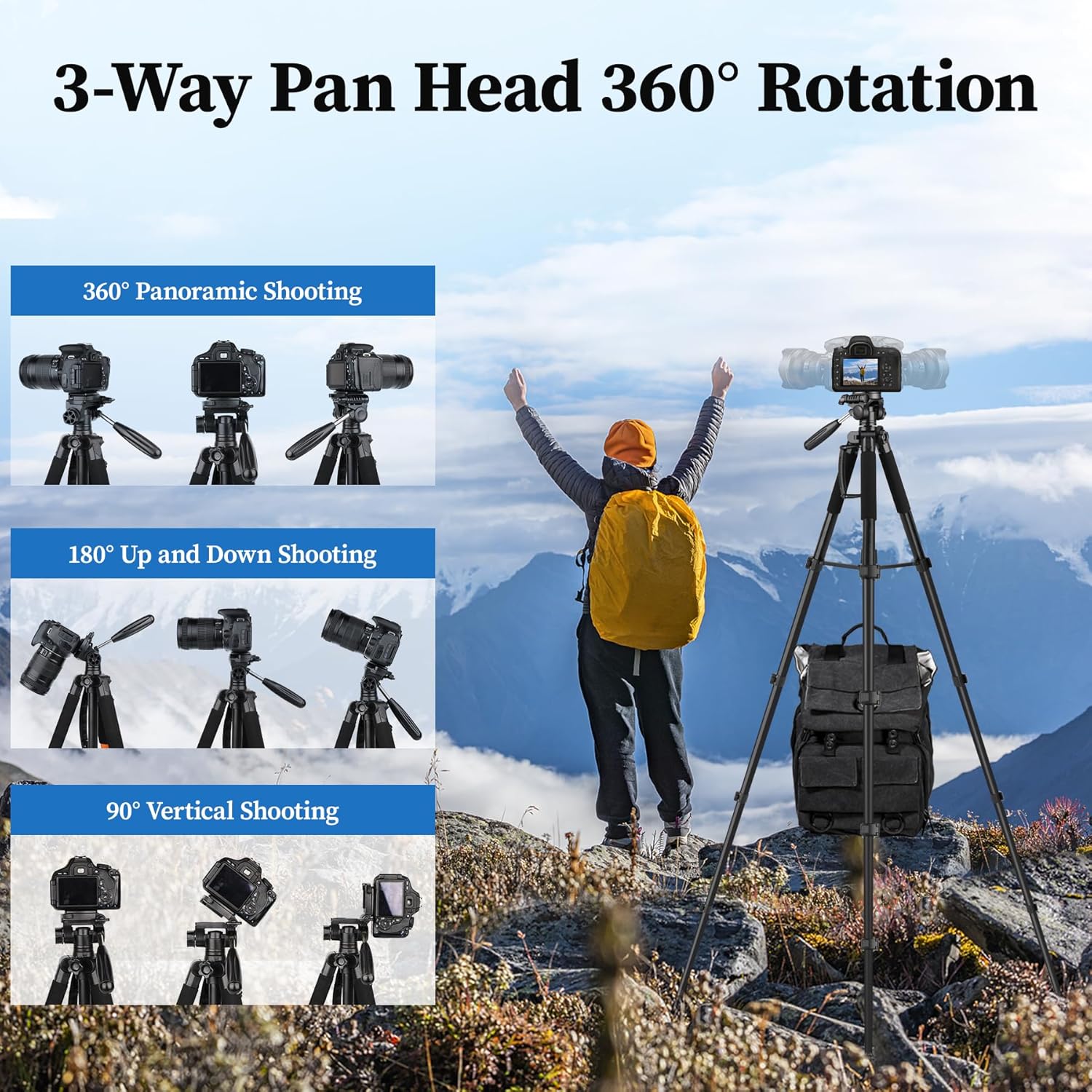 JOILCAN Tripod Camera Tripods, 74" Tripod for Camera Phone Video Recording, Heavy Duty Cameras Tripod Stand, Professional Travel DSLR Tripods Compatible with Canon iPhone, Max Load 15 LB
