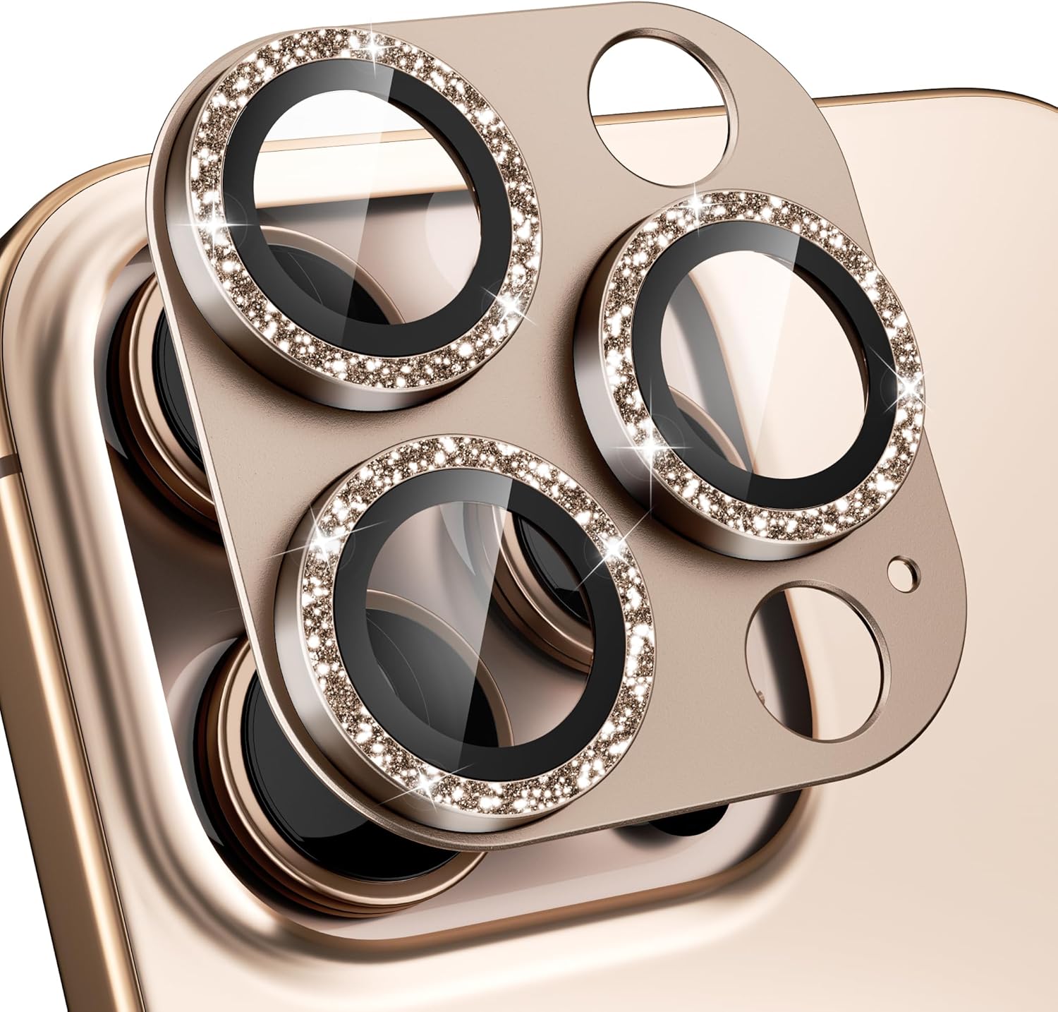 beuxece Compatible for iPhone 16 Pro/iPhone 16 Pro Max Camera Lens Protector, Bling Metal Tempered Glass Camera Screen Cover [Strong Adsorption][Case-Friendly]- Glitter Deep Titanium Desert