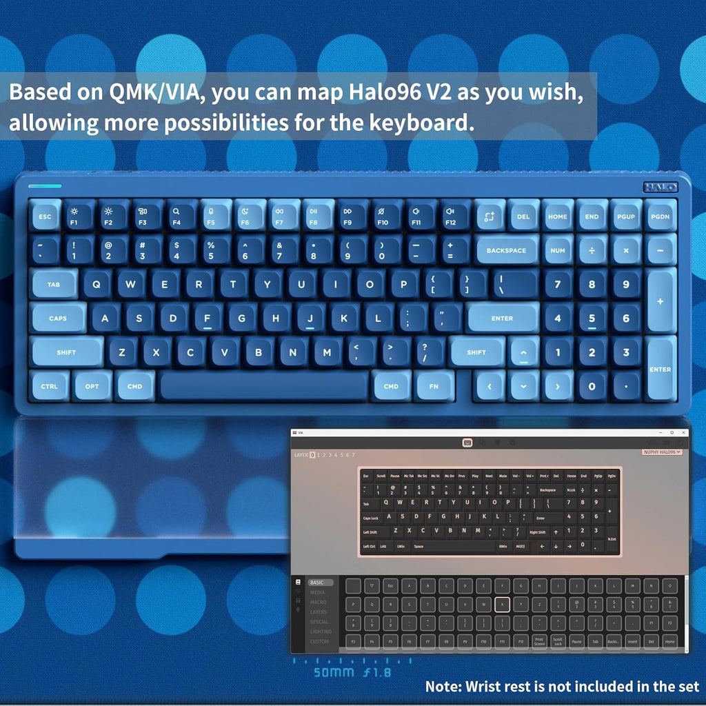 nuphy Halo96 V2 Wireless Mechanical Keyboard, 96% Hot Swappable, 99 Keys RGB Backlit, Bluetooth/USB-C/2.4GHz, Silent Red Switches, Blue, QMK/VIA Support