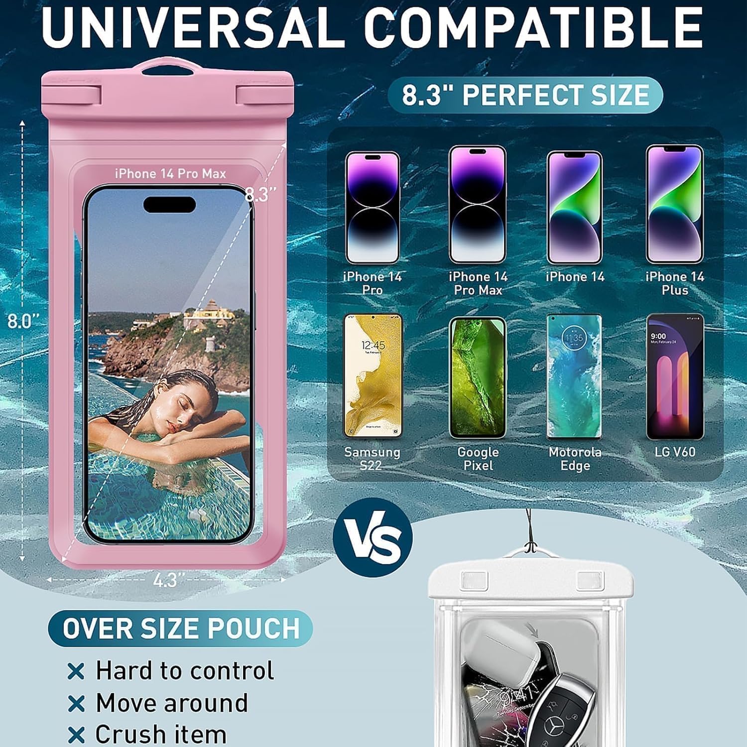 Universal Waterproof Phone Case,with Inside Card Pack,Large Dry Bag Up to 8.3",Compatible with iPhone 16 15 14 13 Pro Max, IPX8 Cellphone Travel Beach Essentials for Beach, 2 Pack-Black &Pink
