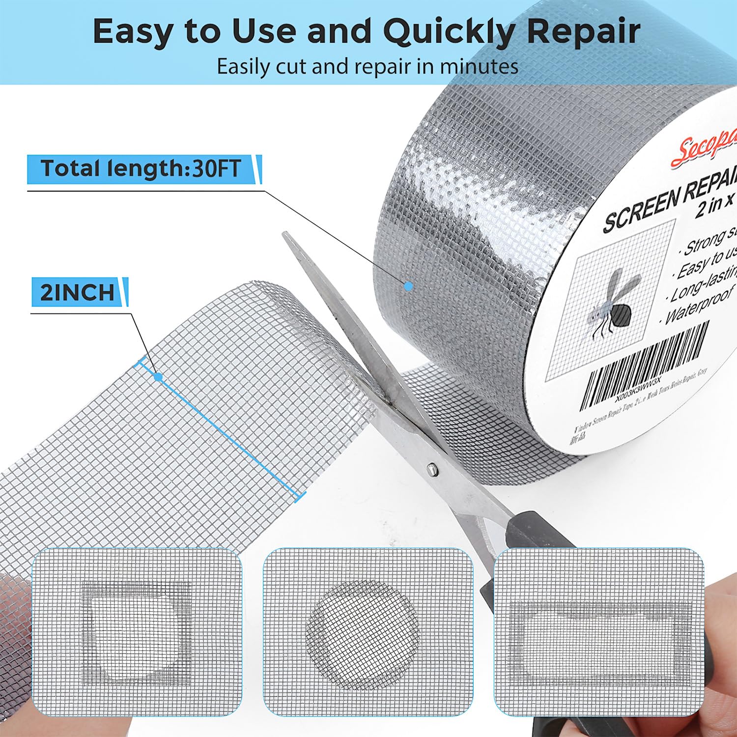 Grey Window Screen Repair Tape, 2IN X 30FT (360IN) Screen Repair Kit for Windows or Doors, Strong Adhesive Patch Kit Fiberglass Mesh Tape