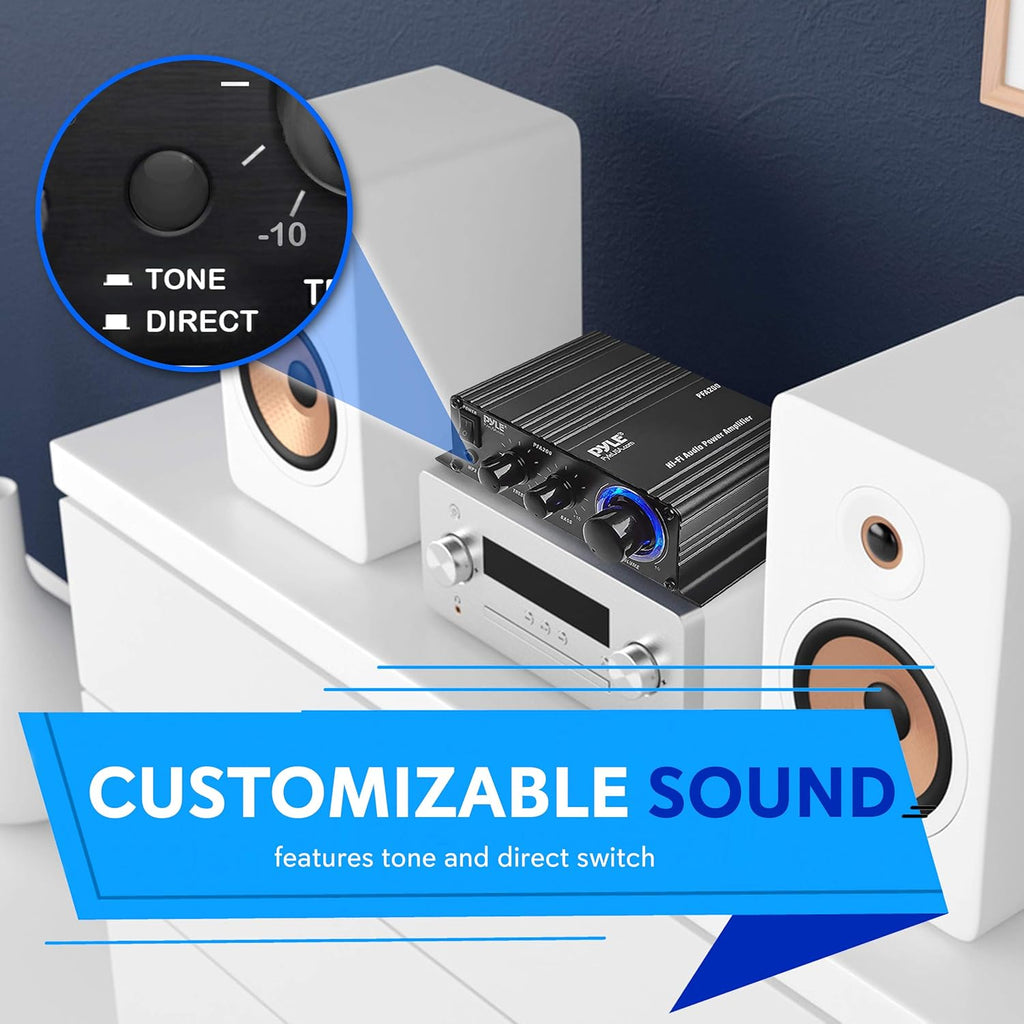 Pyle Home Mini Audio Amplifier - 60W Portable Dual Channel Surround Sound HiFi Stereo Receiver w/ 12V AC Adapter, AUX, MIC IN, Supports Smart Phone, iPhone, iPod, MP3 For 2-8ohm Speakers - Pyle PFA200