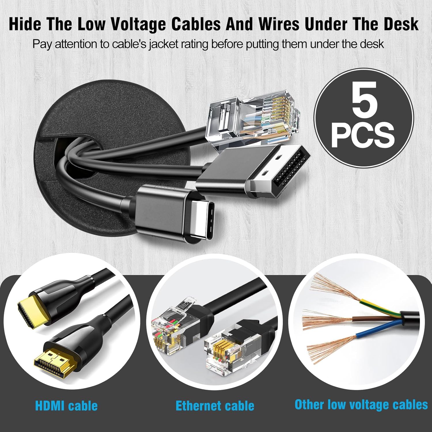 1-1/2" Black Desk Grommet, JTemgle Plastic Cable Hole Cover Computer Table Cord Wire Organizer Caps Desktop Cord Management for Home Office TV Stands Tabletops, 5 Pieces