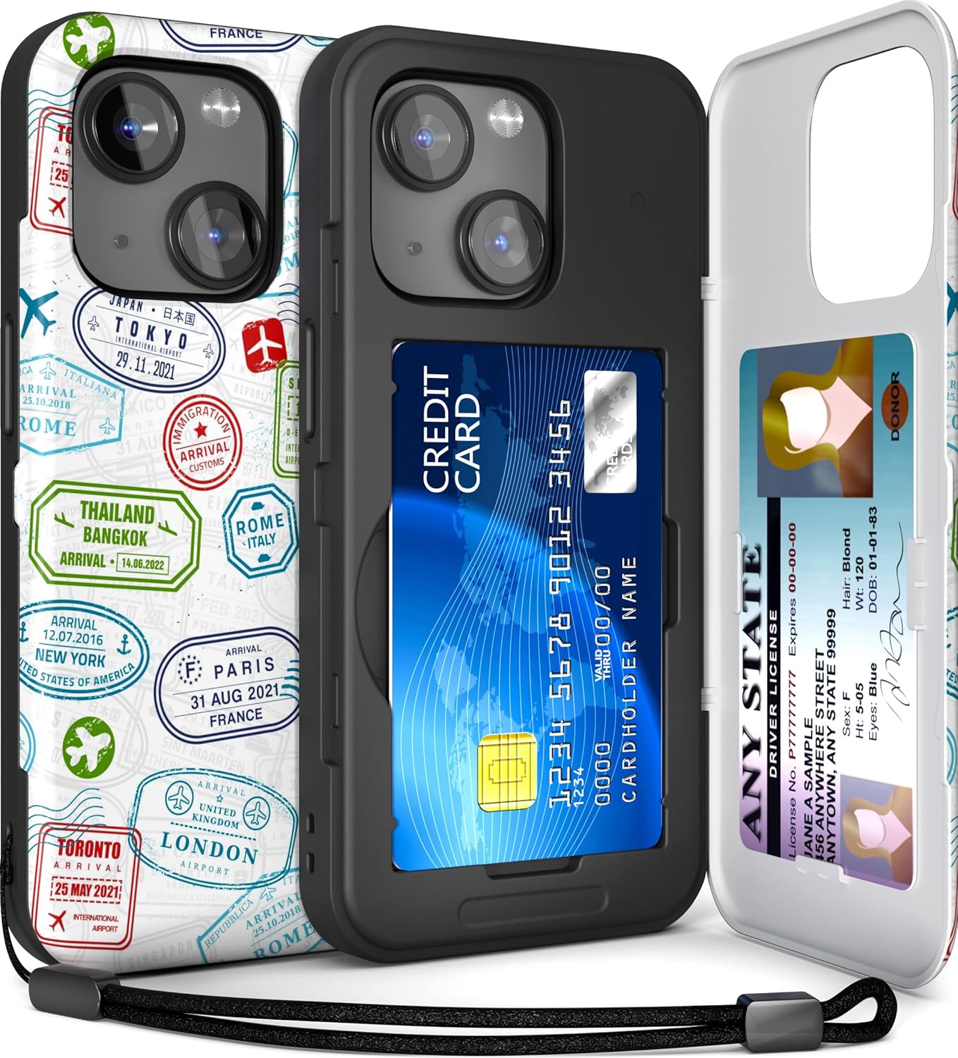 TORU CX Slim for iPhone 15 Case Wallet | Protective Shockproof Heavy Duty Cover with Hidden Card Holder & Card Slot | Mirror & Wrist Strap Included - Travel Stamps
