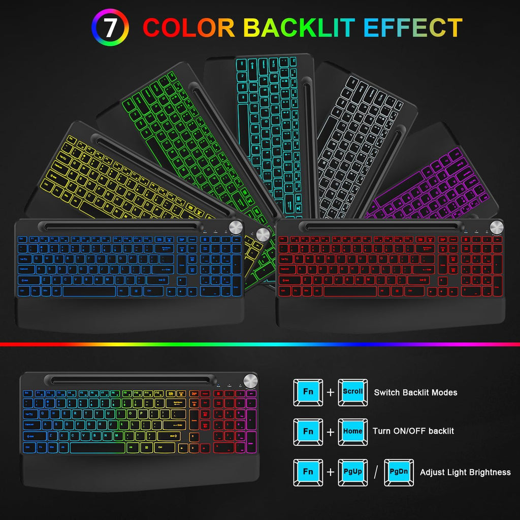 BlueFinger Wireless Keyboard and Mouse Combo Backlit, 2.4G Rechargeable Ergonomic Gaming Keyboard with Wrist Rest, Phone Holder, Volume Knob, Silent Light Up Keyboard with Mouse for Computer Laptop