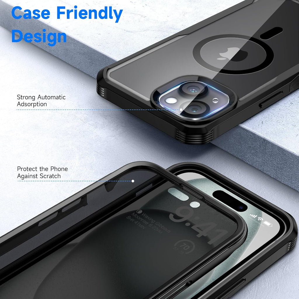 seacosmo for iPhone 15 Plus Case, Full Body Bumper with Built-in 9H Tempered Glass Privacy Screen Protector and Camera Lens Protector, Compatible with MagSafe, Shockproof Phone Cover, 6.7", Black