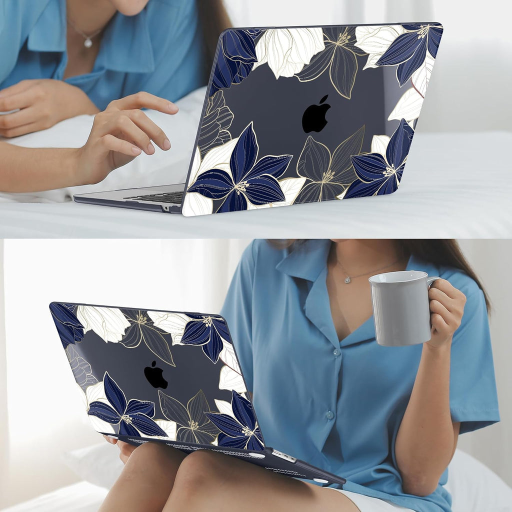 Mektron for 2025 M4 MacBook Air 13.6 Inch A3240 Case Fits 2023 A2681 M2 2024 A3113 M3 Chip with Liquid Retina Display Touch ID, Printed Plastic Hard Shell Cover for MacBook Air 13.6", Gold line Lily