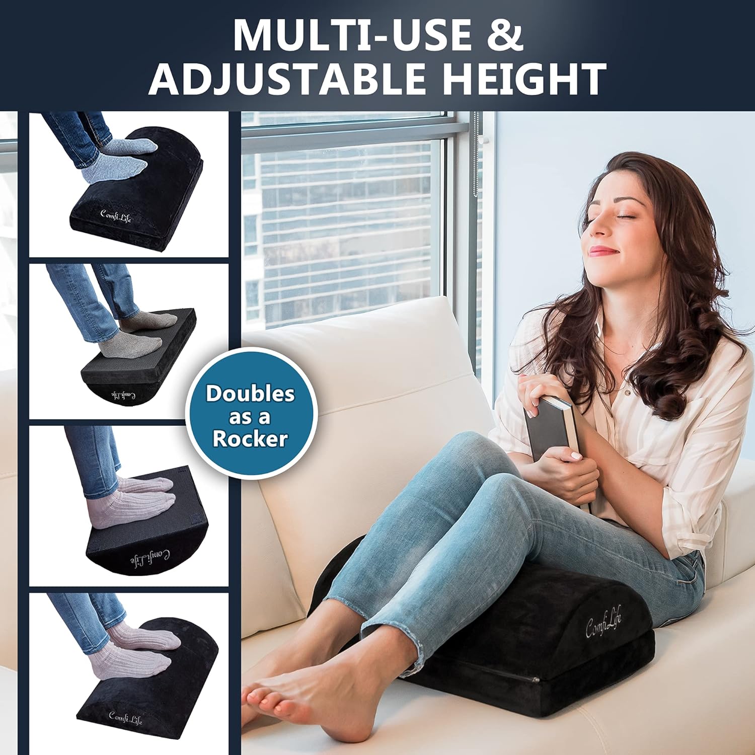 ComfiLife Foot Rest for Under Desk at Work – Adjustable Height Memory Foam Foot Stool for Under Desk, Office Chair & Gaming Chair – Ergonomic Footrest for Back & Hip Pain Relief (Black)