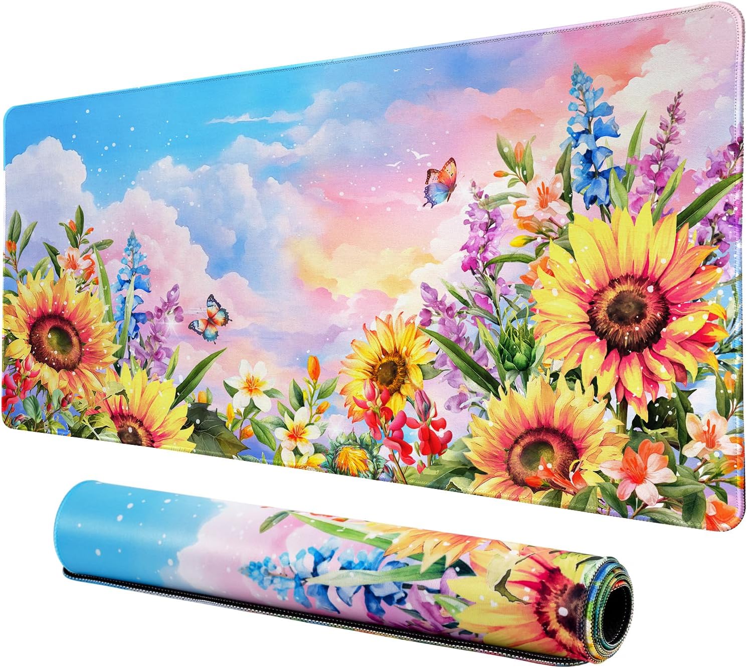 Lokigo Sunflower Mouse Pad Desk Pad Large Gaming Mouse Pad Floral Butterfly Non-Slip Rubber Base Mousepad Keyboard Writing Desk Mat for Home Office Work Study Gaming 31.5"x15.7", Flowers