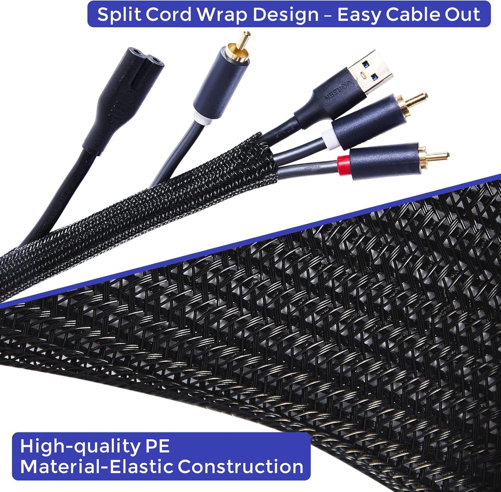Cable Management Sleeves 1in - 2 Pack 6.6ft Split Braided Sleeve Black, Protectors From Pets, Wire Organizers, Flexible Wrap for Computer Cord Management