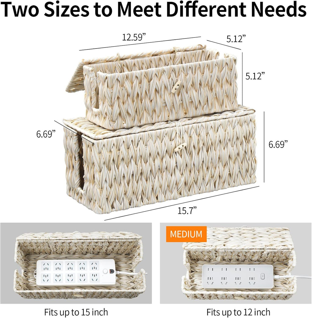 Cable Management Box,Boho Decorative Handwoven 2 Open Slots Cord Organizer Hider Box with Lid for TV Wires, Computer, Router, USB Hub and Under Desk Power Strip