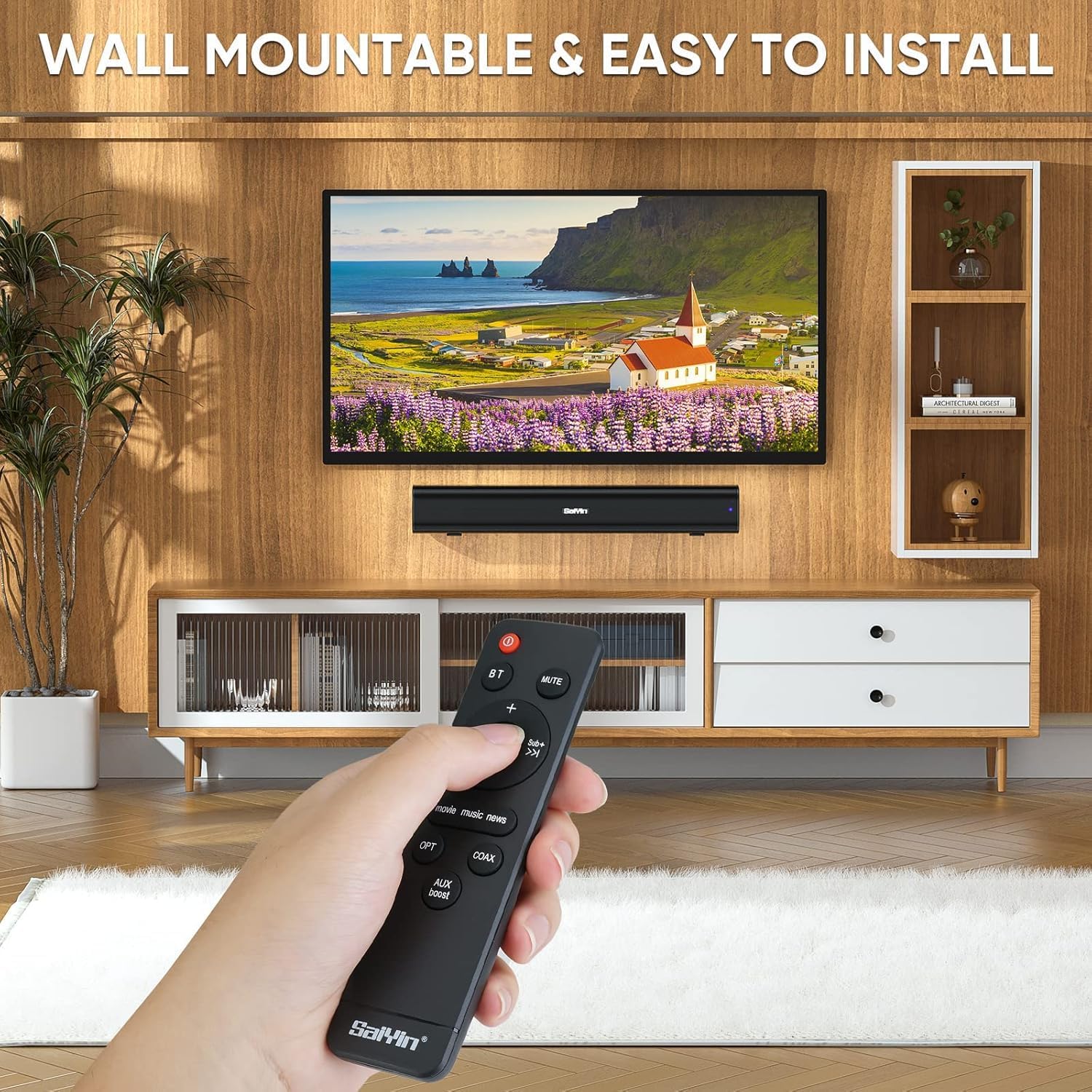 Saiyin Sound Bar,17 inch Sound Bar for Smart TV with Bluetooth 5.3/Optical/AUX Connection, Soundbar for TV/PC/Gaming/Projectors,Wall Mountable & Ultra Compact Design