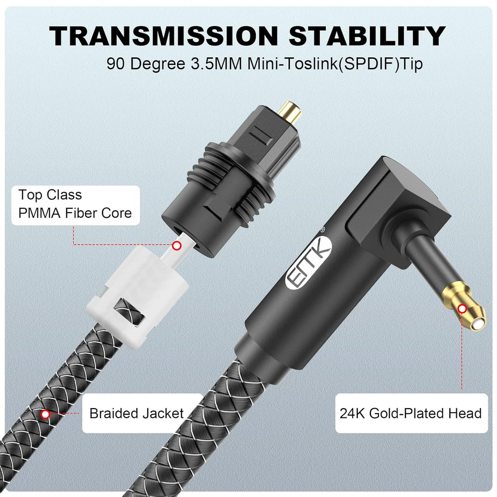EMK Premium 90° Right-Angle Mini Toslink Cable (1.5Ft/0.5M) - 3.5mm Optical Digital Audio Cable for Sound Bars, TVs & Home Theater - SPDIF/Toslink Compatible, Black