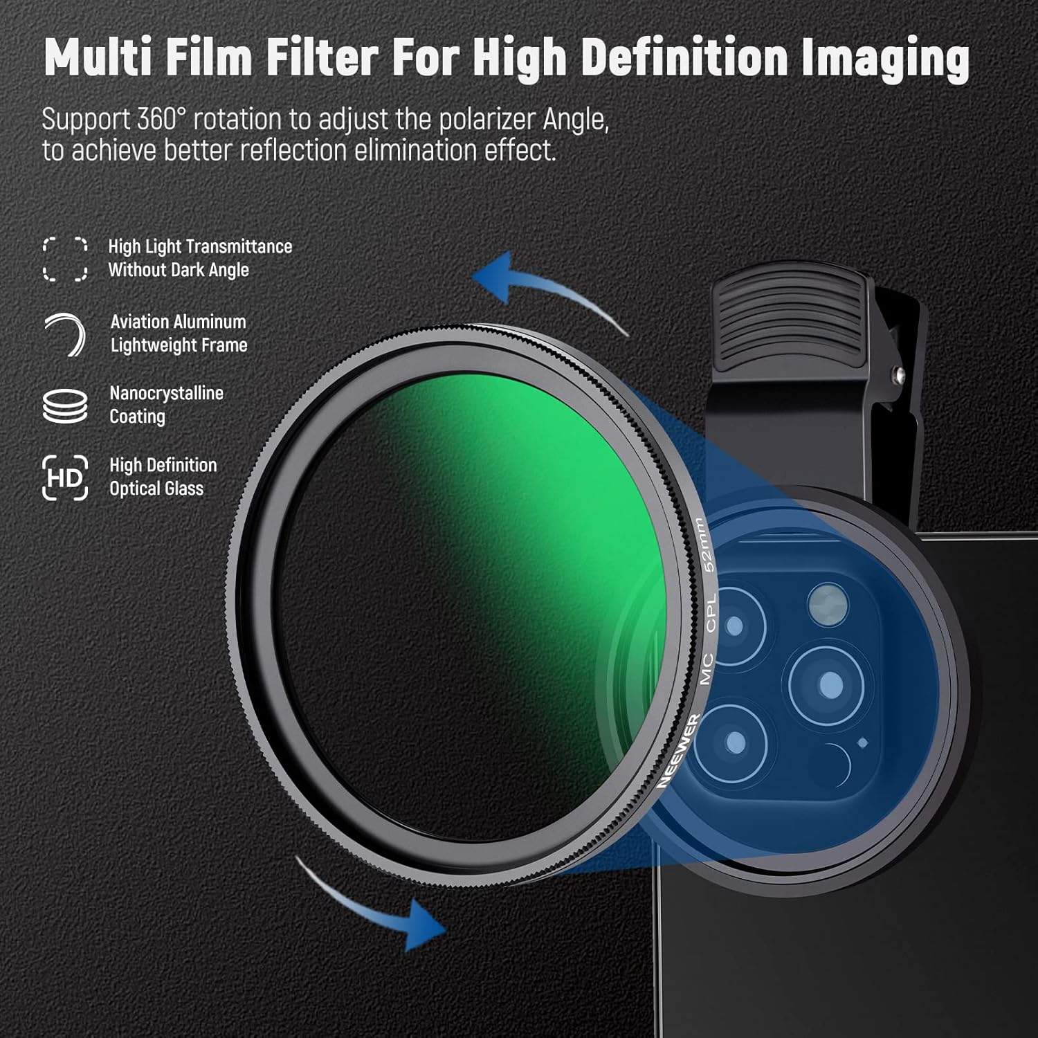 NEEWER 52mm CPL Filter for Phone, Clip On Circular Polarizing Lens Filter with Phone Clip, Storage Case & Cleaning Cloth, Compatible with iPhone Samsung Galaxy Android DSLR Camera, FL-26