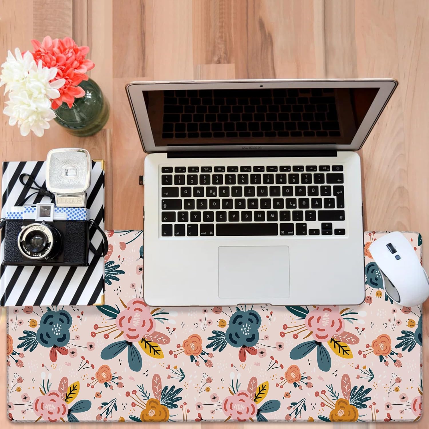 Gaming Desk Pad Large Extra Length Hand Drawn Floral Mouse Pad Keyboard Laptop Non-Slip Waterproof with Rubber Base Thick Stitched Edge Mouse Mat for Office Home 35.4 x 15.7 Inches