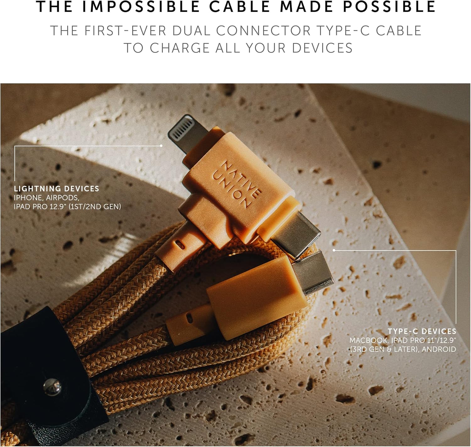 Native Union Belt Cable Duo – 5ft Ultra-Strong Braided Universal Charging Cable – Made with Recycled Materials – 2-in-1 Multi-Device MFi Certified Connectors for Lightning & Type-C Devices (Kraft)