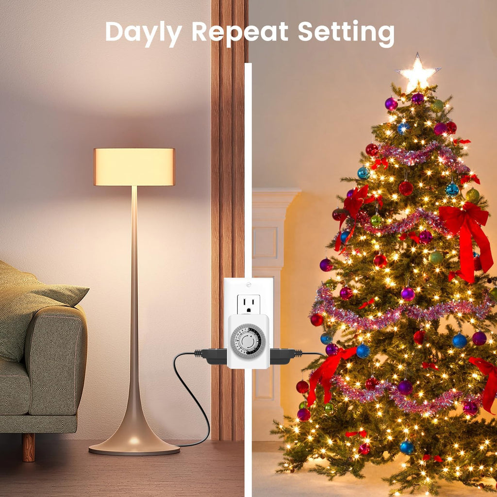 Timers for Electrical Outlets Indoor, AaiVrylliz 3-Prong Dual Outlet Timer,24-Hour 30 Minute Daily On/Off Cycle, Plug-in Mechanical Timers for Christmas Lights, Lamps, Grow Light