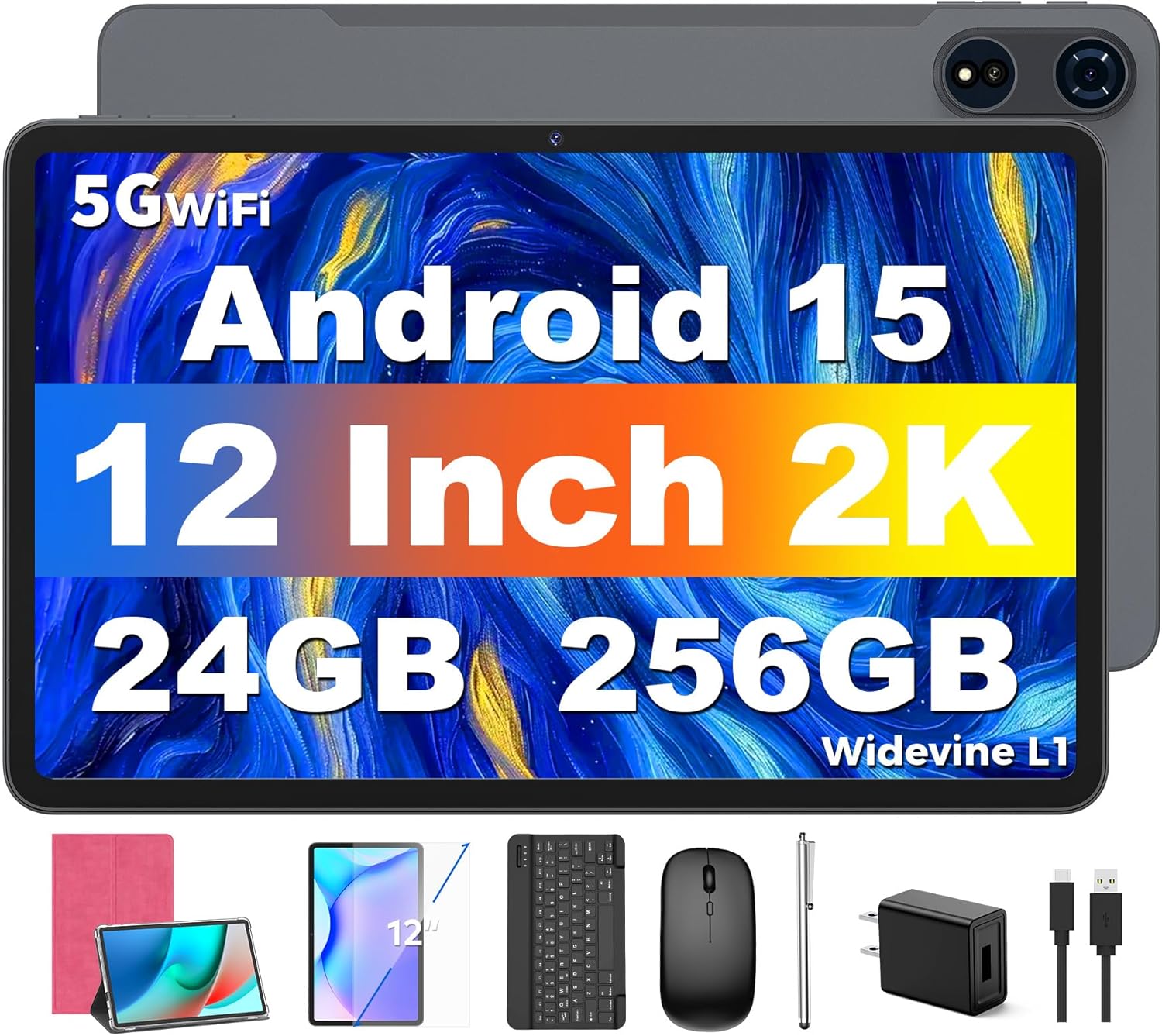 Tablet 12 inch Android 15 Tablets, 24GB（8+16）RAM+256 Storage(Expand to 1TB), Android Tablet with Keyboard, Octa-Core, 2K 2000x1200 Display, 16MP Dual Camera, 8000mAh, 5G WiFi,GPS,Bluetooth 5.0（Pink）