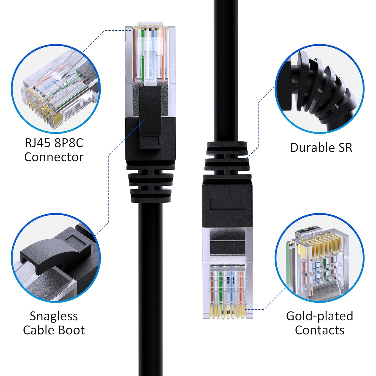 Cat5e Ethernet Cable 50 FT, Long Cat 5e Internet Cable, Black Snagless Patch Cord, Flexible, Network, LAN, PoE, Standard RJ45 Connector for PC, Server, Router, Modem, TV, PS5 - with 15 Cable Ties