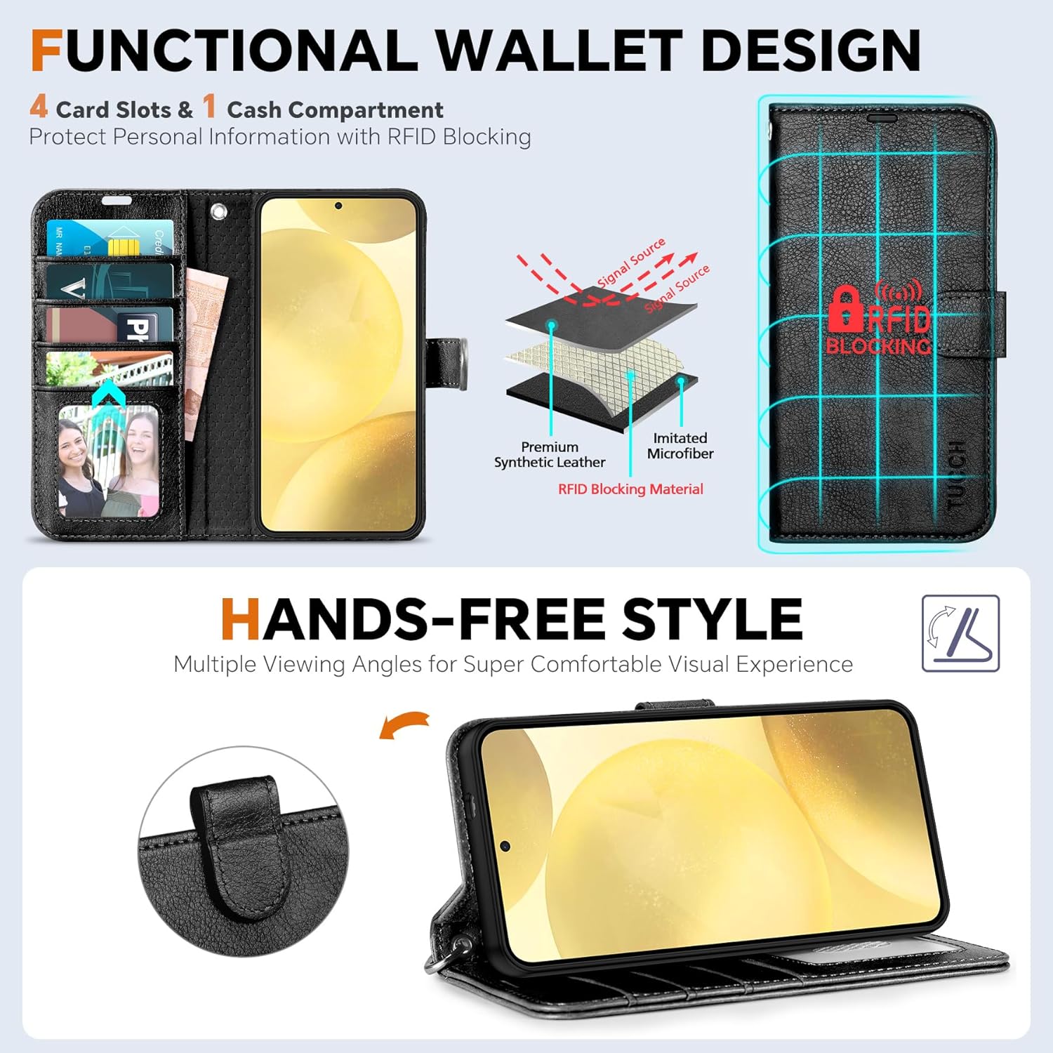 TUCCH Wallet Case for Galaxy S25, [Removable] 2 in 1 [Wireless Charging] Wrist Strap RFID Blocking [4 Card Holders] PU Leather Cover, Magnetic Detachable Stand Folio for Galaxy S25, Textured Black
