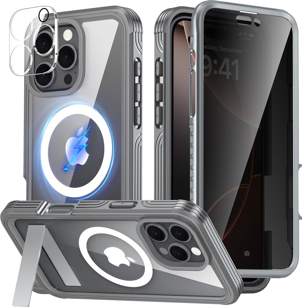 Magnetic & Stand for iPhone 16 Pro Max Case Built-in Privacy Screen Protector[360° Full Body Protection][Fit for Magsafe][Lens Protector] Heavy Duty Shockproof Case for iPhone 16 Pro Max Gray