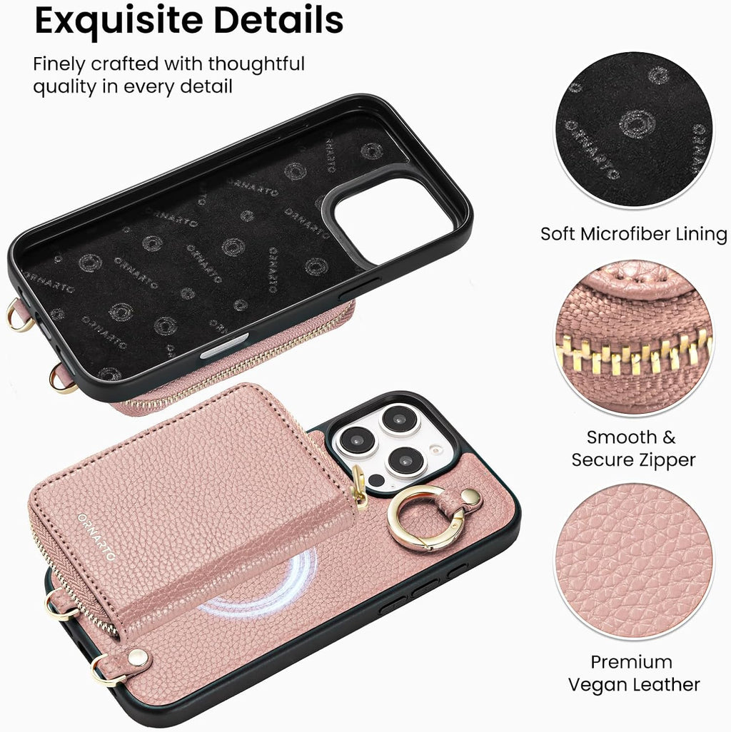 ORNARTO Magnetic Detachable Wallet Case for iPhone 16 Pro Max, [Compatible with MagSafe], Crossbody Wallet Case with Card Holder Wrist Strap, RFID Blocking PU Leather Wallet Phone Cover 6.9", Pink